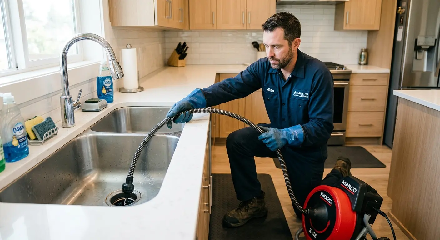 Drain cleaning technician using a motorized snake on a kitchen sink in Elwood