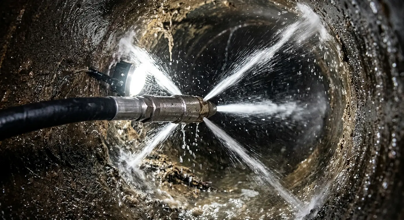 High-pressure hydro jetting nozzle cleaning sewer pipe for Sewer Cleanout in Elwood