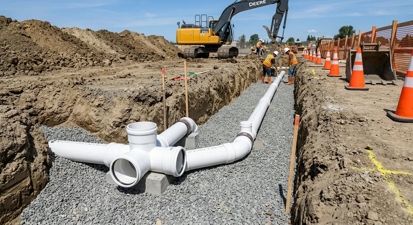 New PVC sewer pipe installation in open trench for Sewer Backup in Elwood