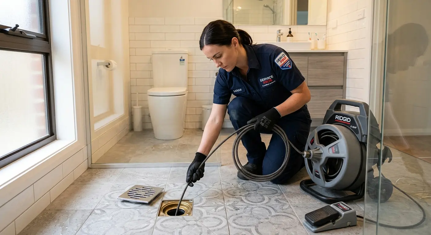 Technician clearing a bathroom floor drain for Drain Cleaning in Elwood